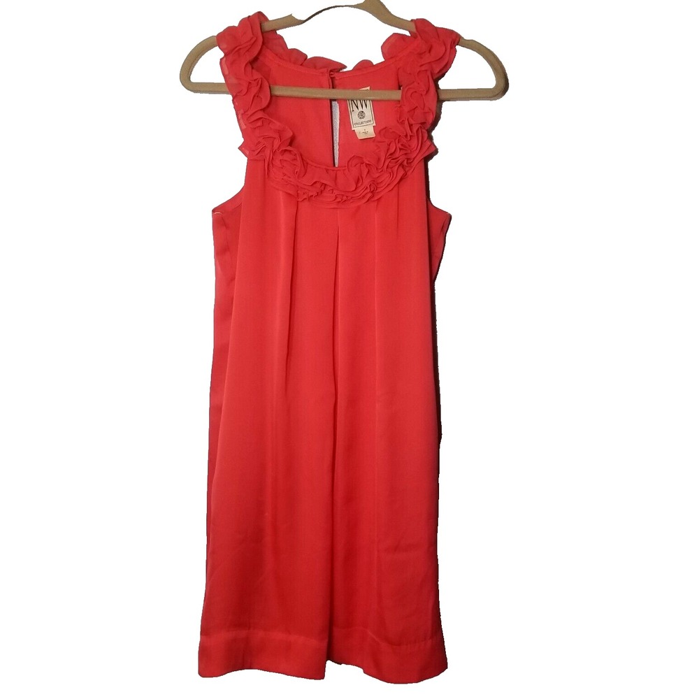 NW Collection Red Ruffled Neck‎ Lined Pockets Chiffon Feel Shift Dress Size 6